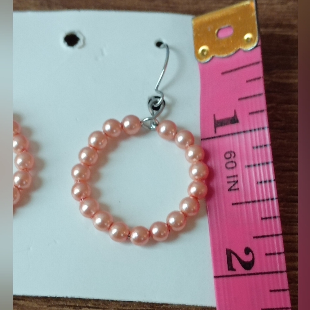 Coquette Pink Faux Pearl Beaded Dangle Hoop Drop Earrings Silver Tone - Picture 5 of 6